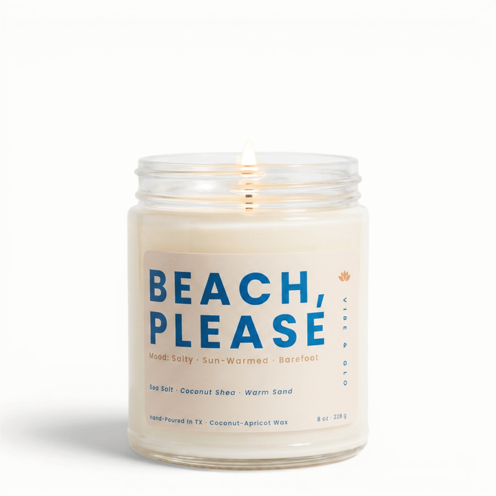 Beach Please sea salt coconut candle with warm sand notes in glass jar, summer beach scented coconut apricot wax candle for a fresh coastal vibe