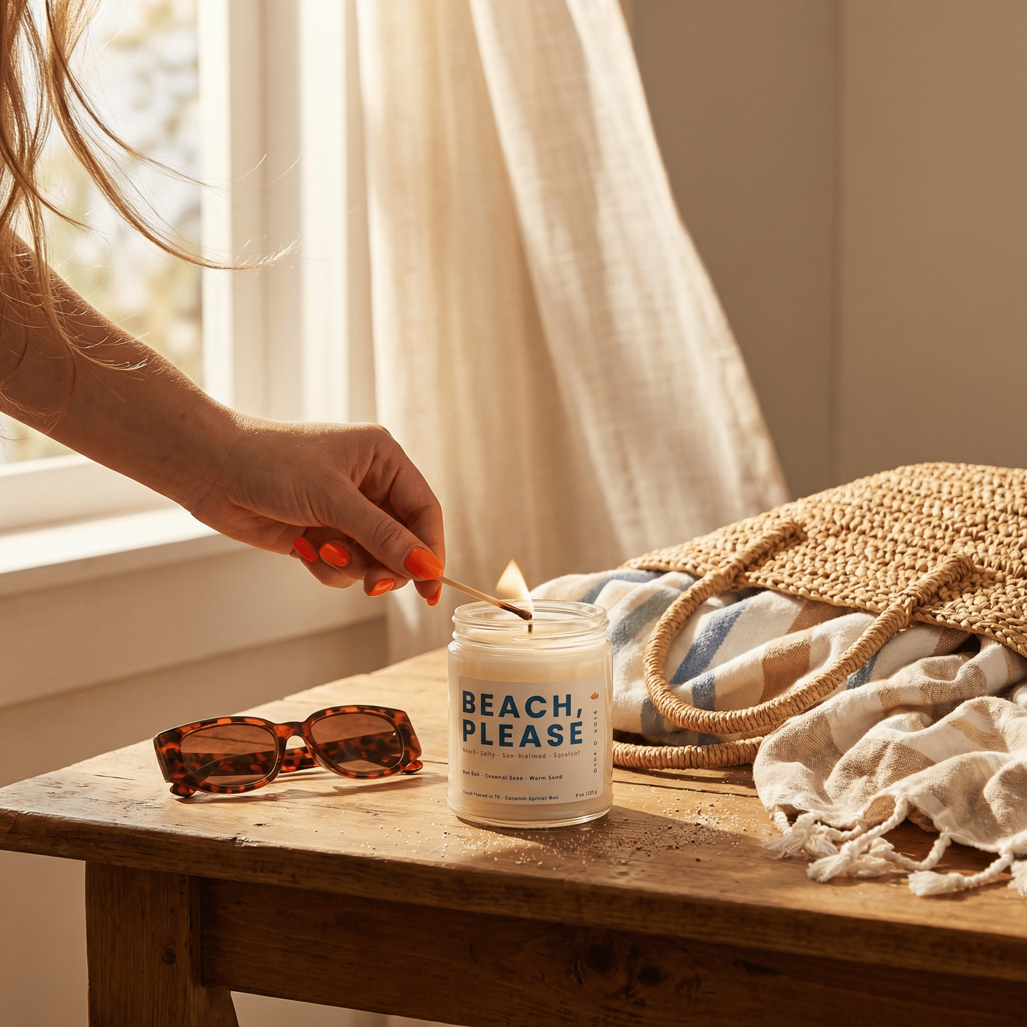 Lighting a beach scented candle on a wooden table with sunglasses and a woven bag in a cozy summer setting