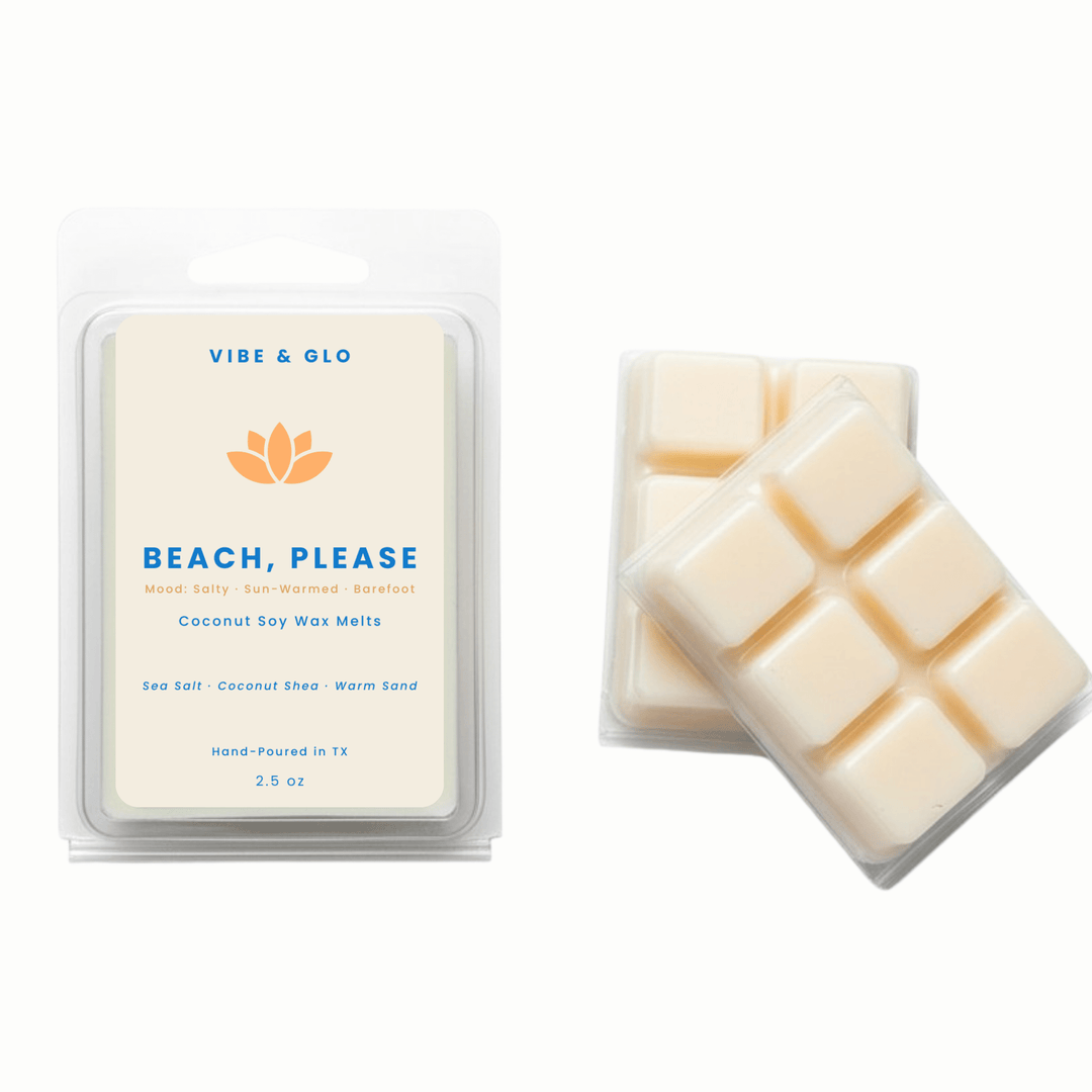 Beach Please wax melts clamshell with sea salt coconut scent cubes on clean white background