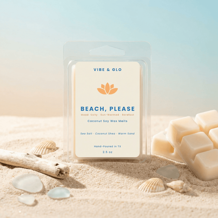 Beach Please wax melts styled in sand with seashells and driftwood representing sea salt coconut scent