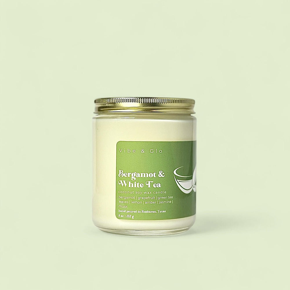 
                  
                    Bergamot & White Tea Coconut Soy Wax Candle - Vibe & Glo Candle Studio
                  
                