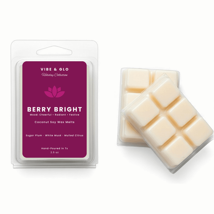 Vibe & Glo Berry Bright wax melts packaging on a white background