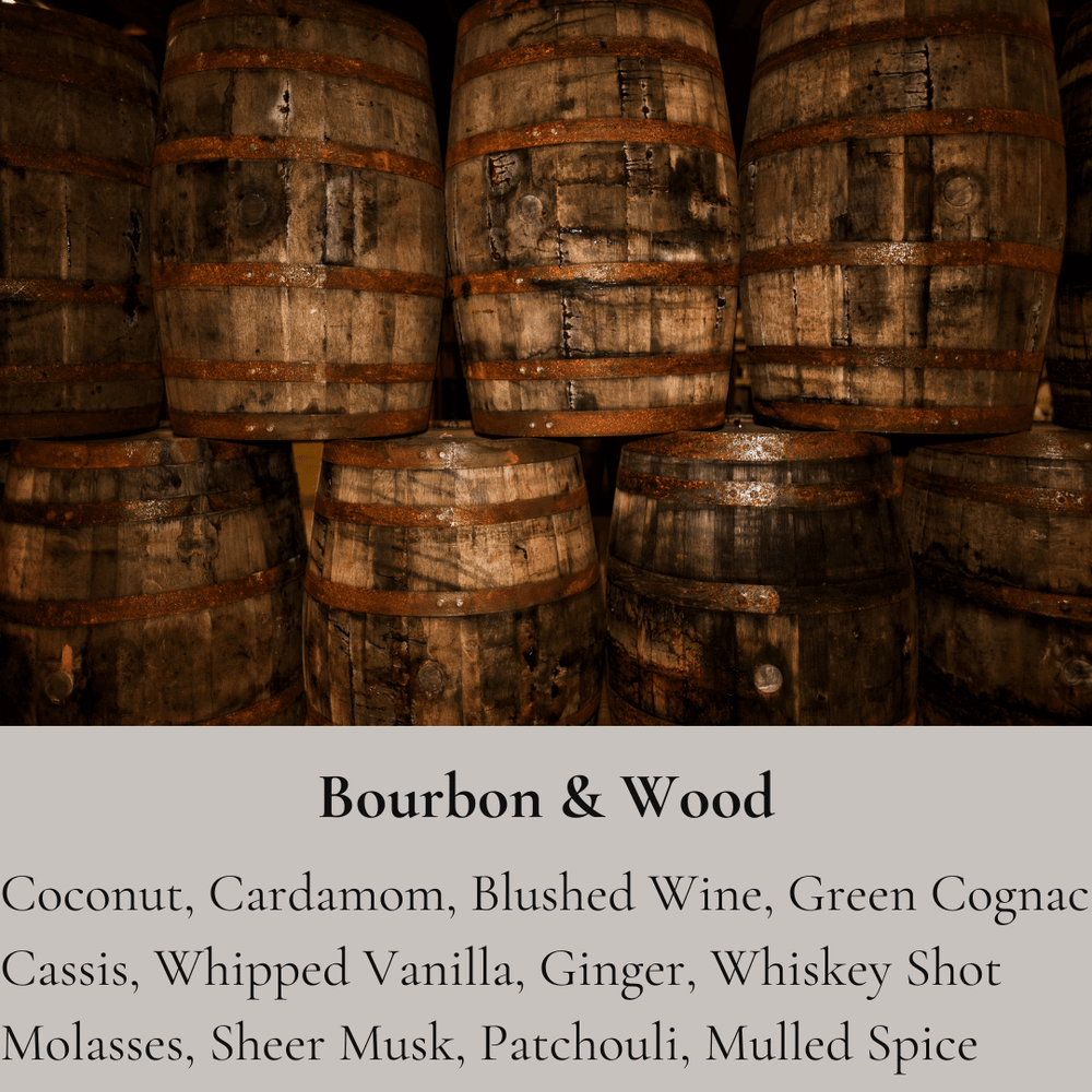 
                      
                        The image shows a stack of aged, wooden bourbon barrels in a dark setting. The barrels are worn and weathered, with metal bands that are rusted and chipped. The image has a rich, moody ambiance, suggesting a storage area for aging spirits. At the bottom of the image, text reads "Bourbon & Wood" followed by a list of evocative scents including coconut, cardamom, blushed wine, green cognac, cassis, whipped vanilla, ginger, whiskey shot, molasses, sheer musk, patchouli, and mulled spice.
                      
                    