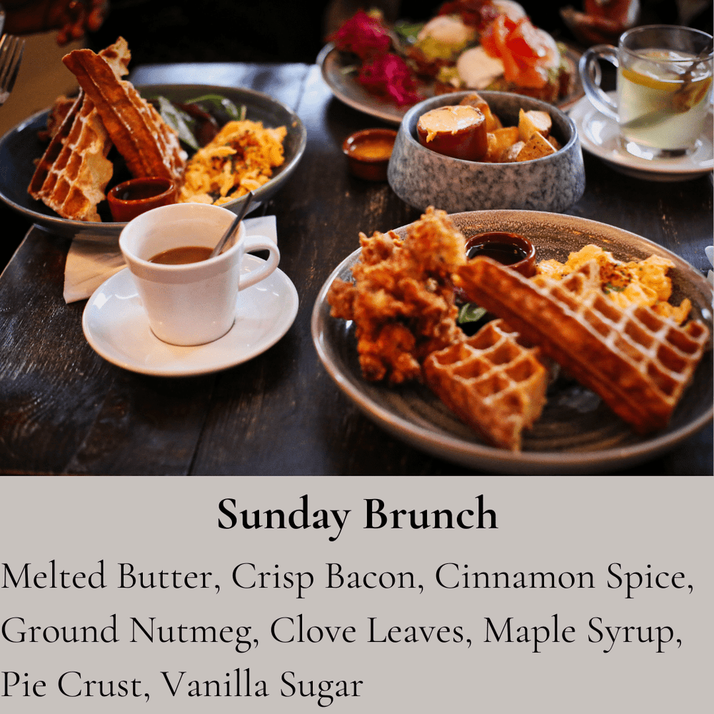 
                      
                         A delectable brunch spread featuring waffles, scrambled eggs, bacon, and a cup of coffee on a dark wooden table. The text below lists the "Sunday Brunch" candle’s fragrance notes, including melted butter, crisp bacon, cinnamon spice, ground nutmeg, clove leaves, maple syrup, pie crust, and vanilla sugar.
                      
                    