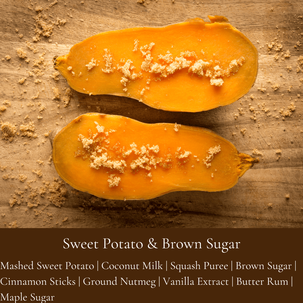 
                      
                        A halved sweet potato sprinkled with brown sugar, resting on a wooden surface. The text below reads "Sweet Potato & Brown Sugar," followed by a description of the fragrance notes including mashed sweet potato, coconut milk, squash puree, cinnamon sticks, and more.
                      
                    