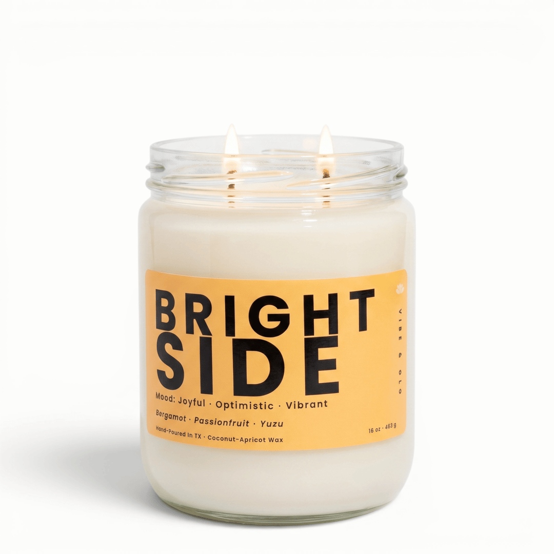 Bright Side 2 wick citrus candle with bergamot passionfruit and yuzu in glass jar, uplifting coconut apricot wax candle for an energizing home