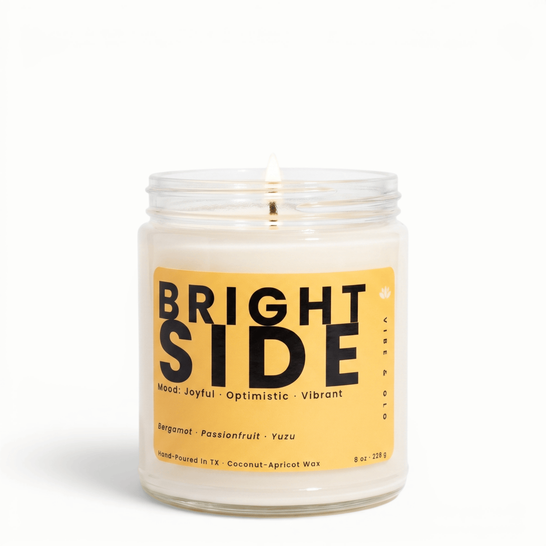 Bright Side citrus candle with bergamot passionfruit and yuzu in glass jar, clean coconut apricot wax candle for uplifting and energizing home fragrance