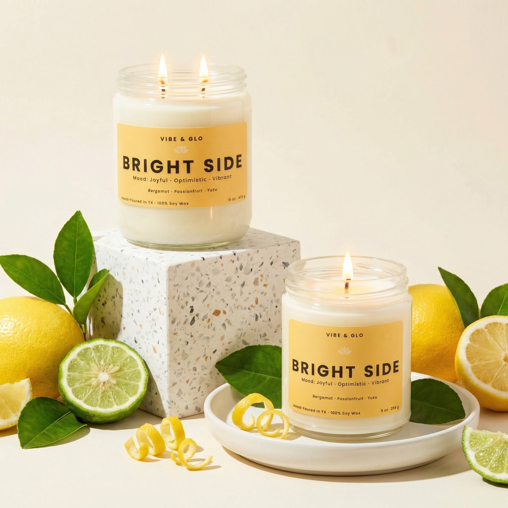Bright Side soy candle duo in 16 oz and 8 oz sizes with bergamot, passionfruit, and yuzu, styled with fresh citrus for a vibrant home fragrance display.
