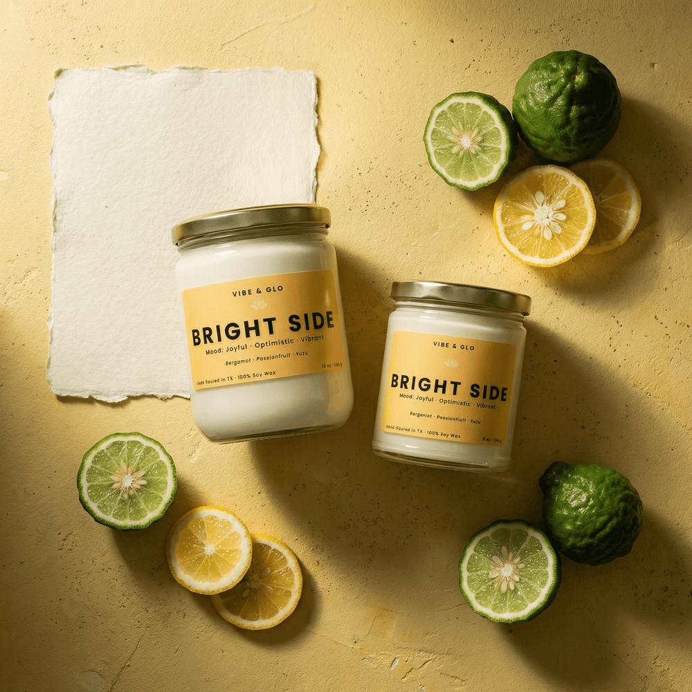Bright Side wooden wick soy candle in 16 oz and 8 oz jars styled with citrus slices, featuring bergamot, passionfruit, and yuzu notes.