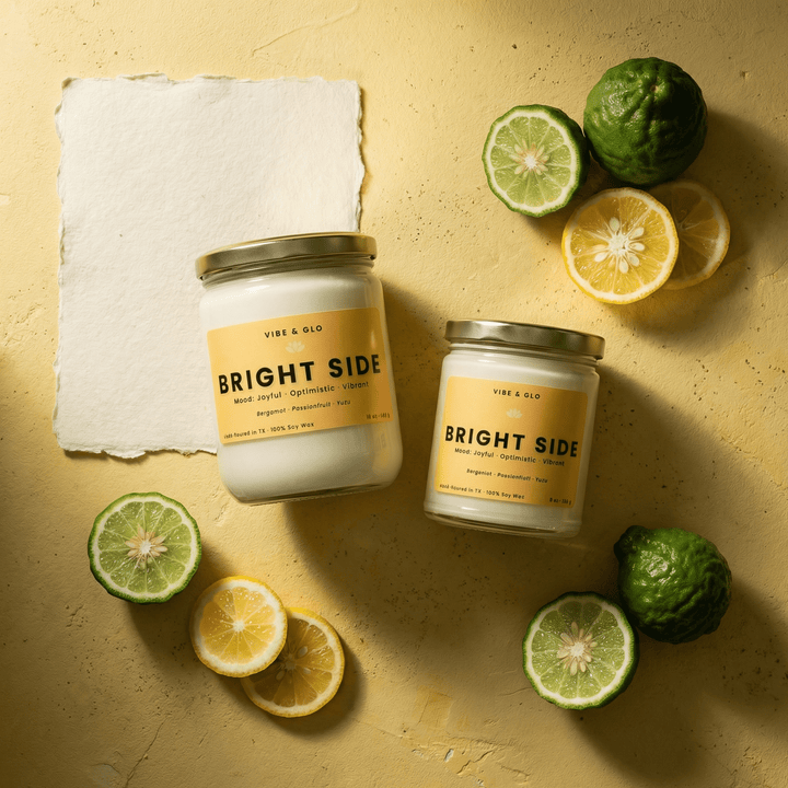 Bright Side wooden wick soy candle in 16 oz and 8 oz jars styled with citrus slices, featuring bergamot, passionfruit, and yuzu notes.