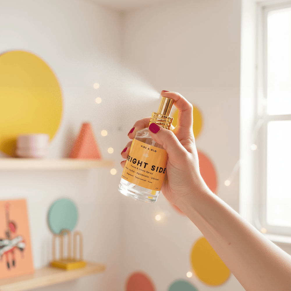 Bright Side room and linen spray by Vibe & Glo featuring energizing citrus notes of yuzu and bergamot sprayed in a sunlit space