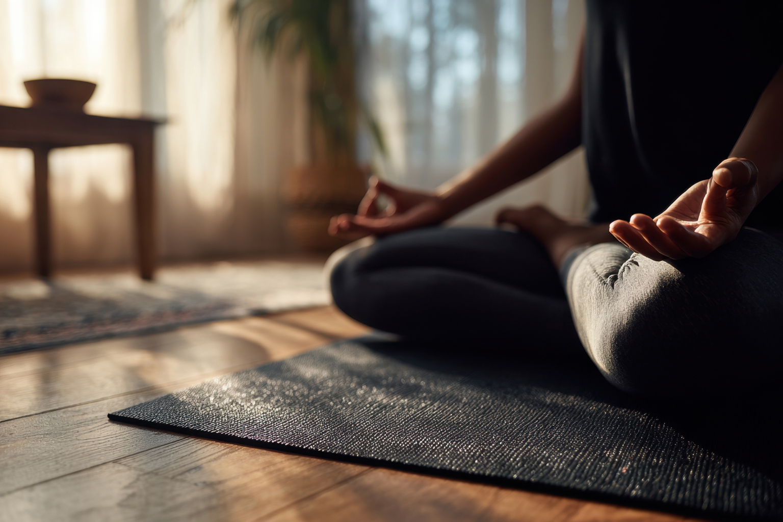 Person meditating in sunlight, representing calming candle scents and relaxing home fragrance.