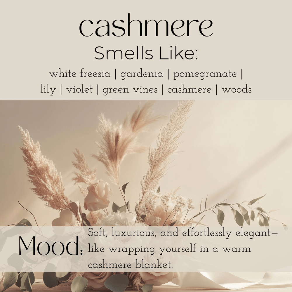 Cashmere candle details, listing fragrance notes and mood of soft elegance and warmth.