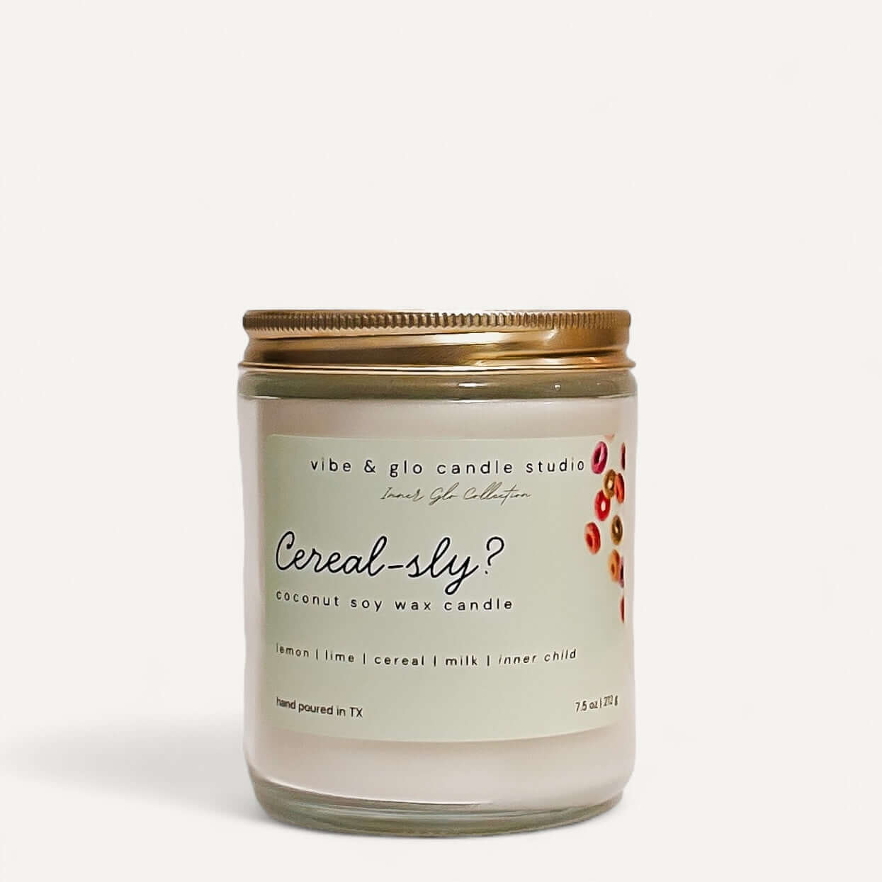Cereal-sly? coconut soy wax candle with lemon, lime, and cereal milk scent notes. Fun, sweet, nostalgic fragrance.