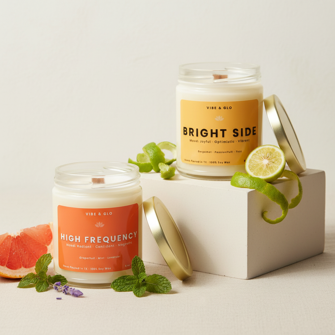 Citrus Energy candle bundle featuring Bright Side and High Frequency 8oz soy candles with wooden wicks, styled with grapefruit, lime, mint, and citrus elements on a neutral background.