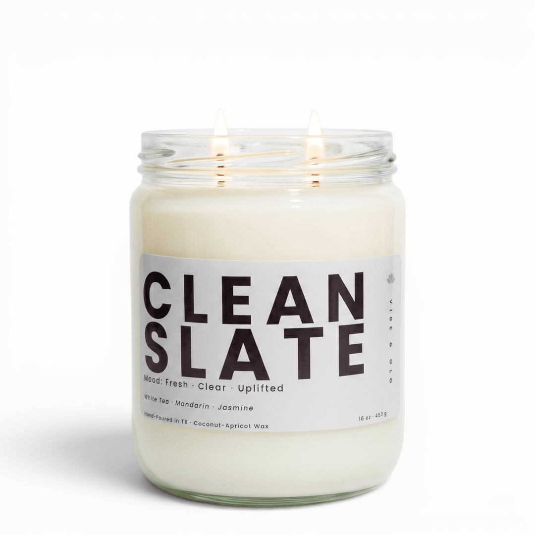 Clean Slate 2 wick candle with white tea mandarin and jasmine in glass jar, fresh coconut apricot wax candle for a crisp clean home scent