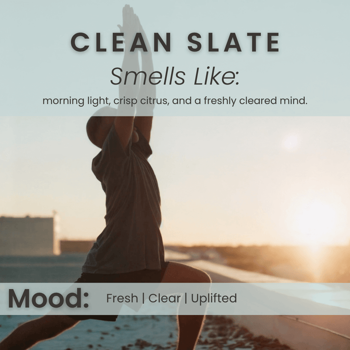 Clean Slate fragrance mood image showing sunrise movement and open sky tones symbolizing crisp citrus, fresh clarity, and a renewed mindset.