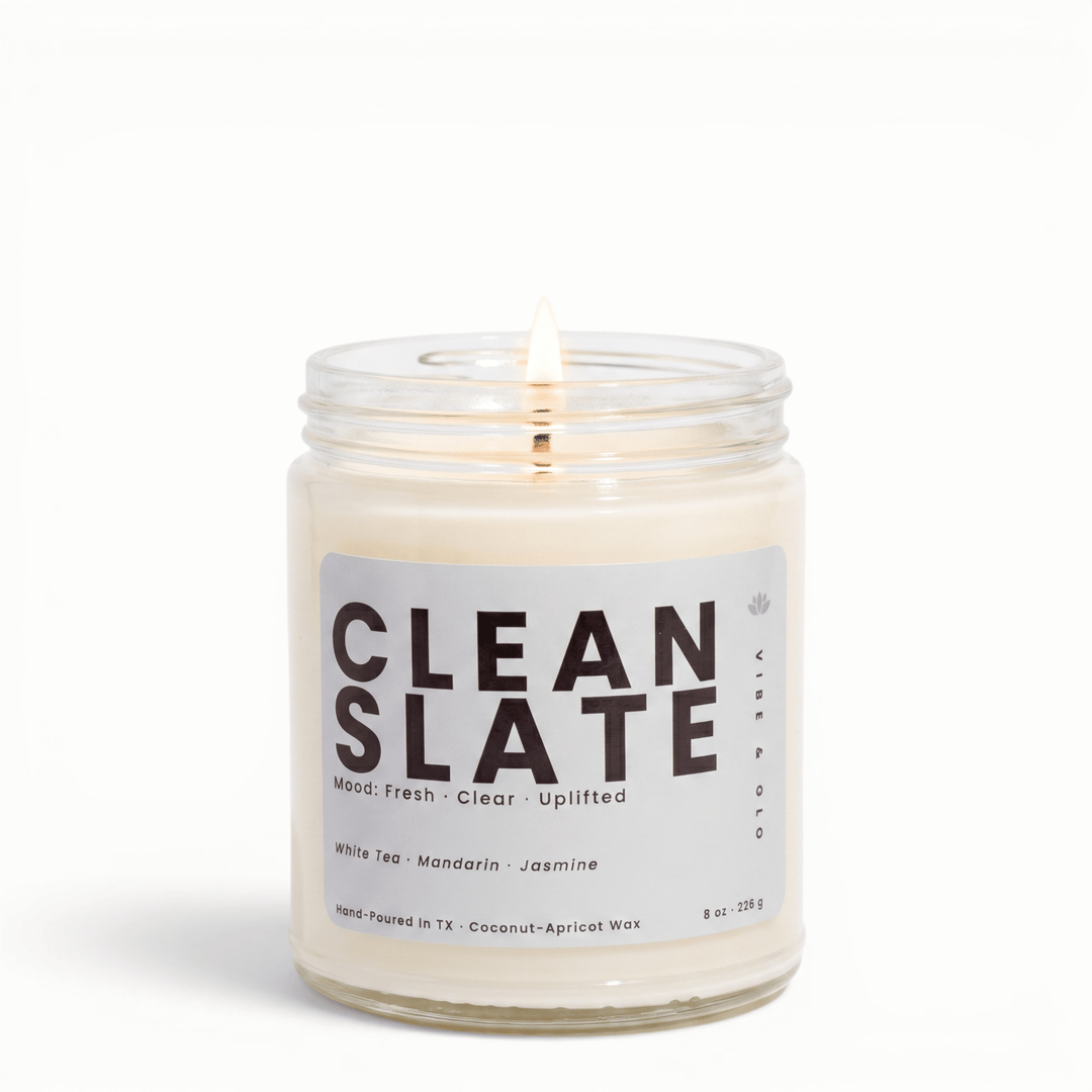 Clean Slate white tea mandarin jasmine candle in glass jar, fresh clean coconut apricot wax candle for a crisp home scent