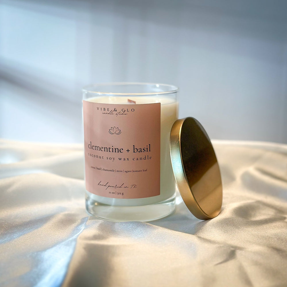 Clementine + Basil Coconut Soy Candle | 11 oz - Vibe & Glo Candle Studio