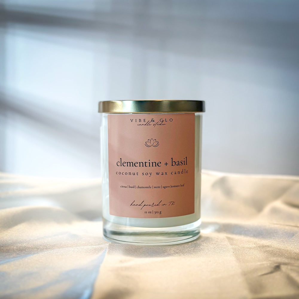 
                  
                    Clementine + Basil Coconut Soy Candle | 11 oz - Vibe & Glo Candle Studio
                  
                