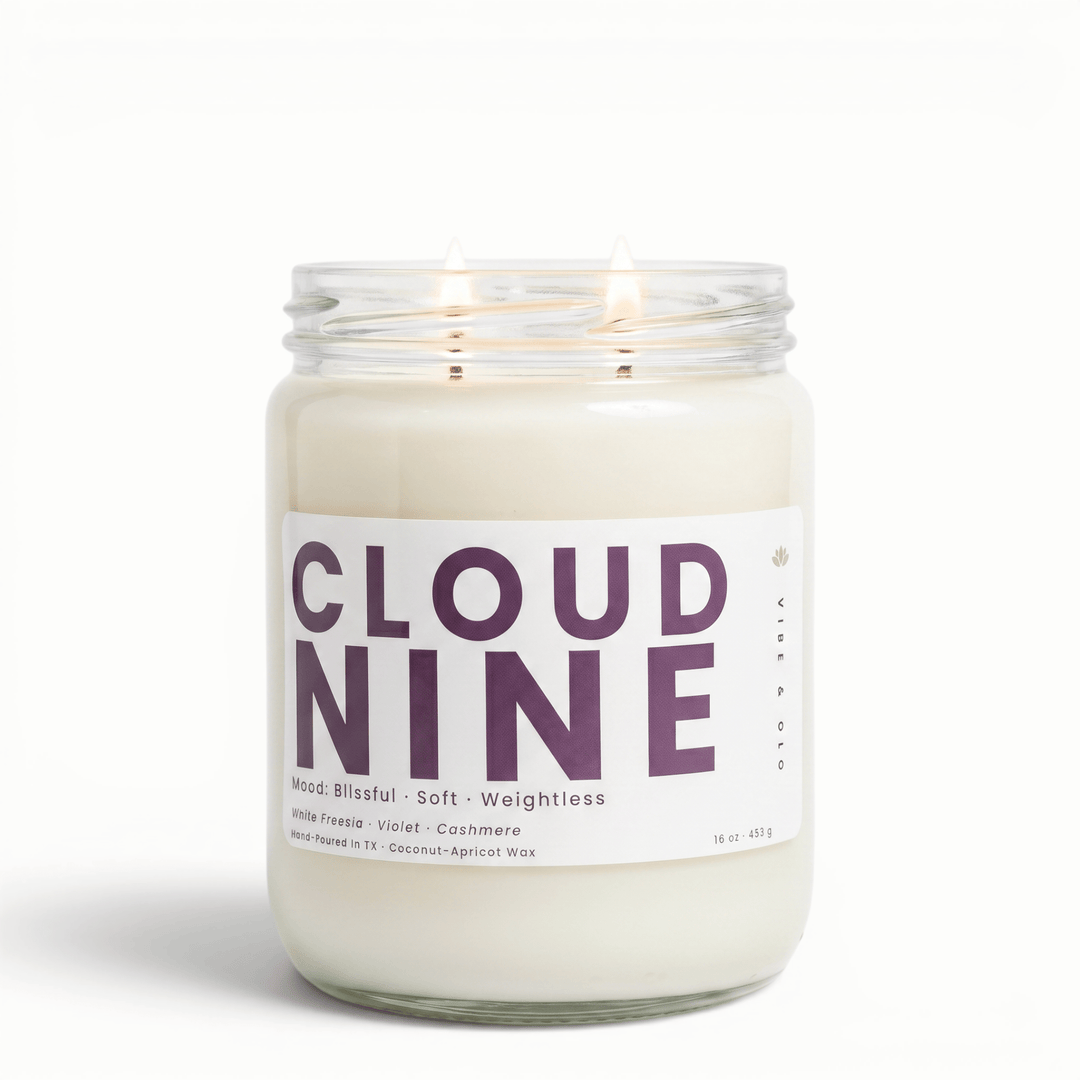 Cloud Nine 2 wick candle with freesia violet and cashmere in glass jar, soft coconut apricot wax candle for a light airy home vibe