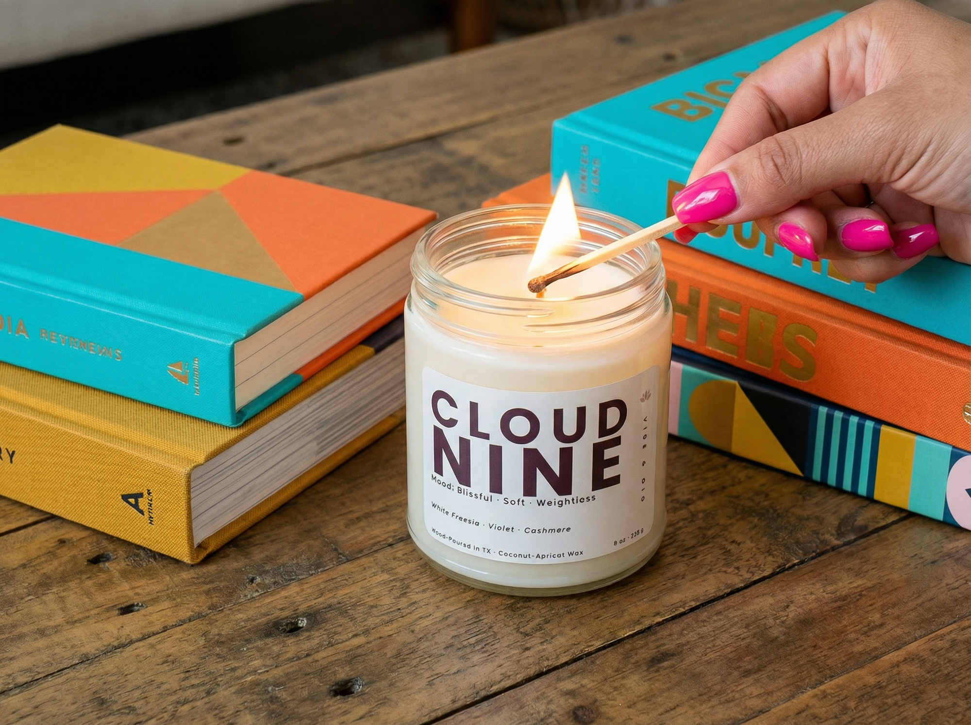 Hand lighting Vibe and Glo Cloud Nine candle with a match on a wooden table surrounded by colorful books, showcasing a clean burning coconut apricot wax candle