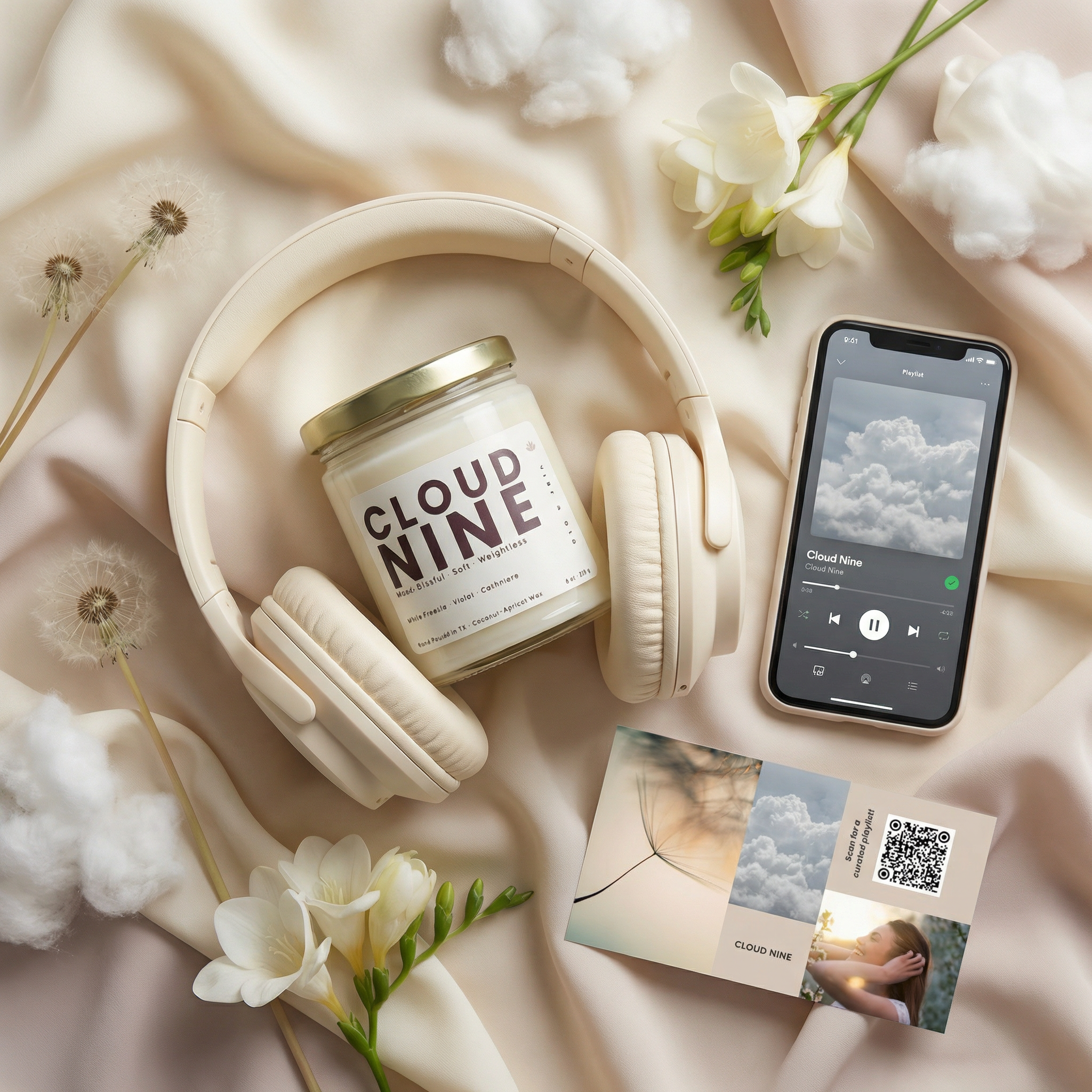 Vibe and Glo Cloud Nine candle styled with headphones, smartphone showing a Spotify playlist, and mood card with QR code, illustrating a scent and sound multisensory candle experience