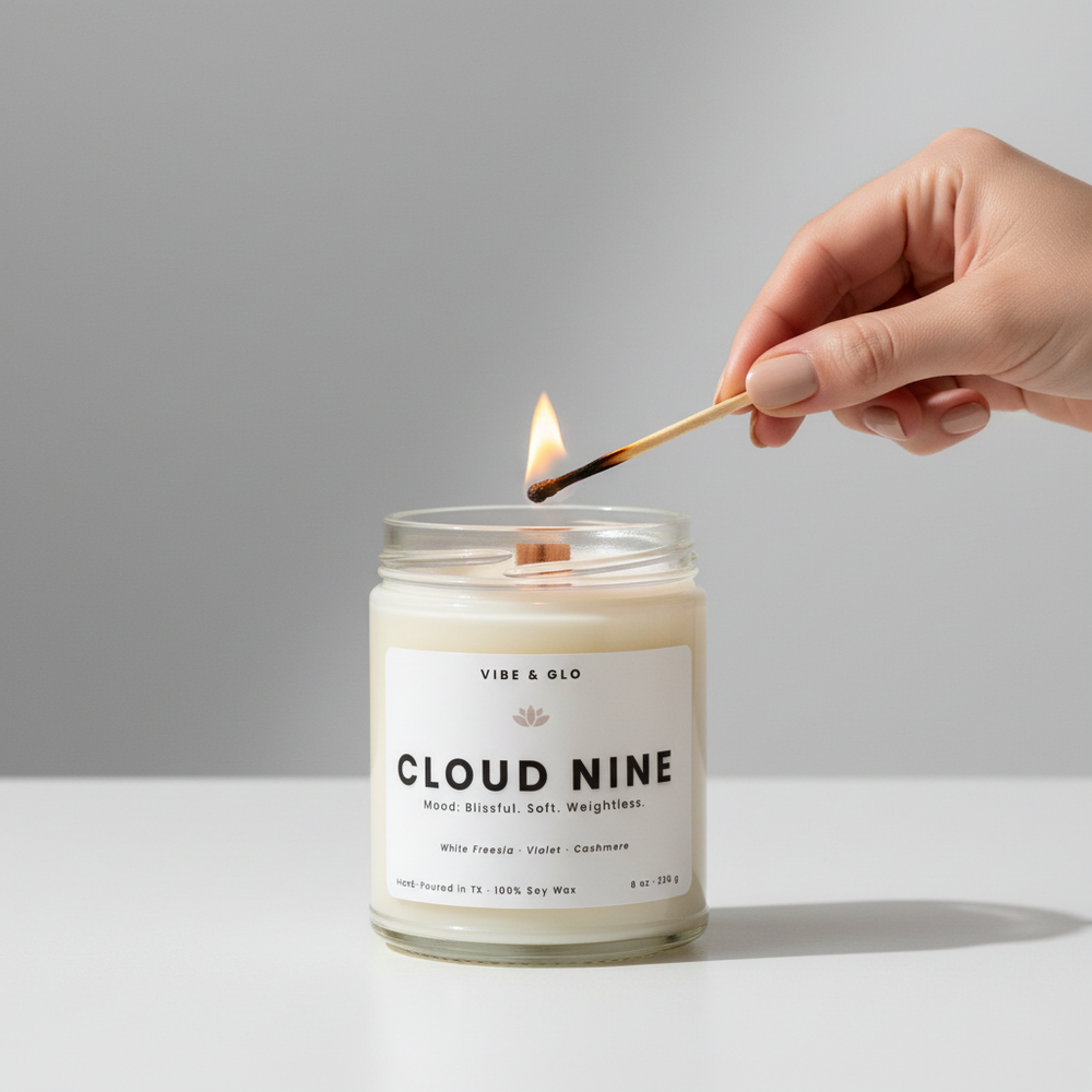 Hand lighting the wooden wick of the Vibe & Glo Cloud Nine cashmere soy candle in a clear glass jar on a neutral background.