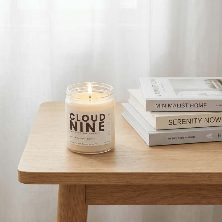 Cloud Nine clean burning candle on a wooden table next to minimalist books creating a calm, soft and cozy home atmosphere