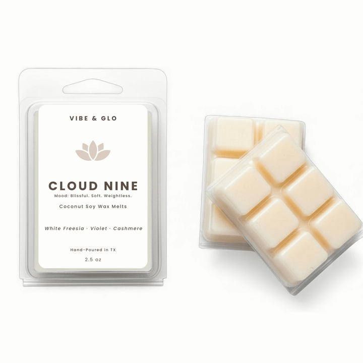 Vibe & Glo Cloud Nine coconut soy wax melts packaging on a white background