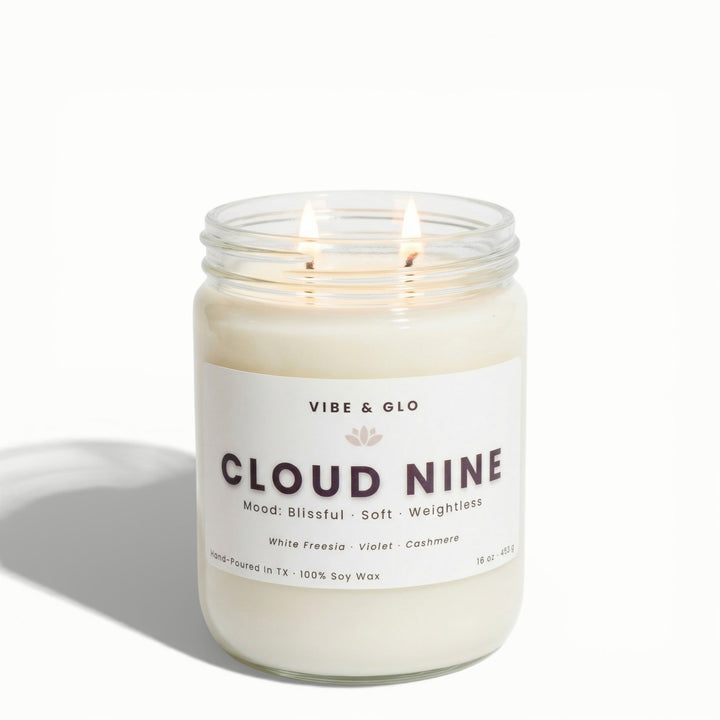 Cloud Nine – Double Wick White Freesia & Cashmere Soy Candle | 16 oz - Vibe & Glo Candle Studio