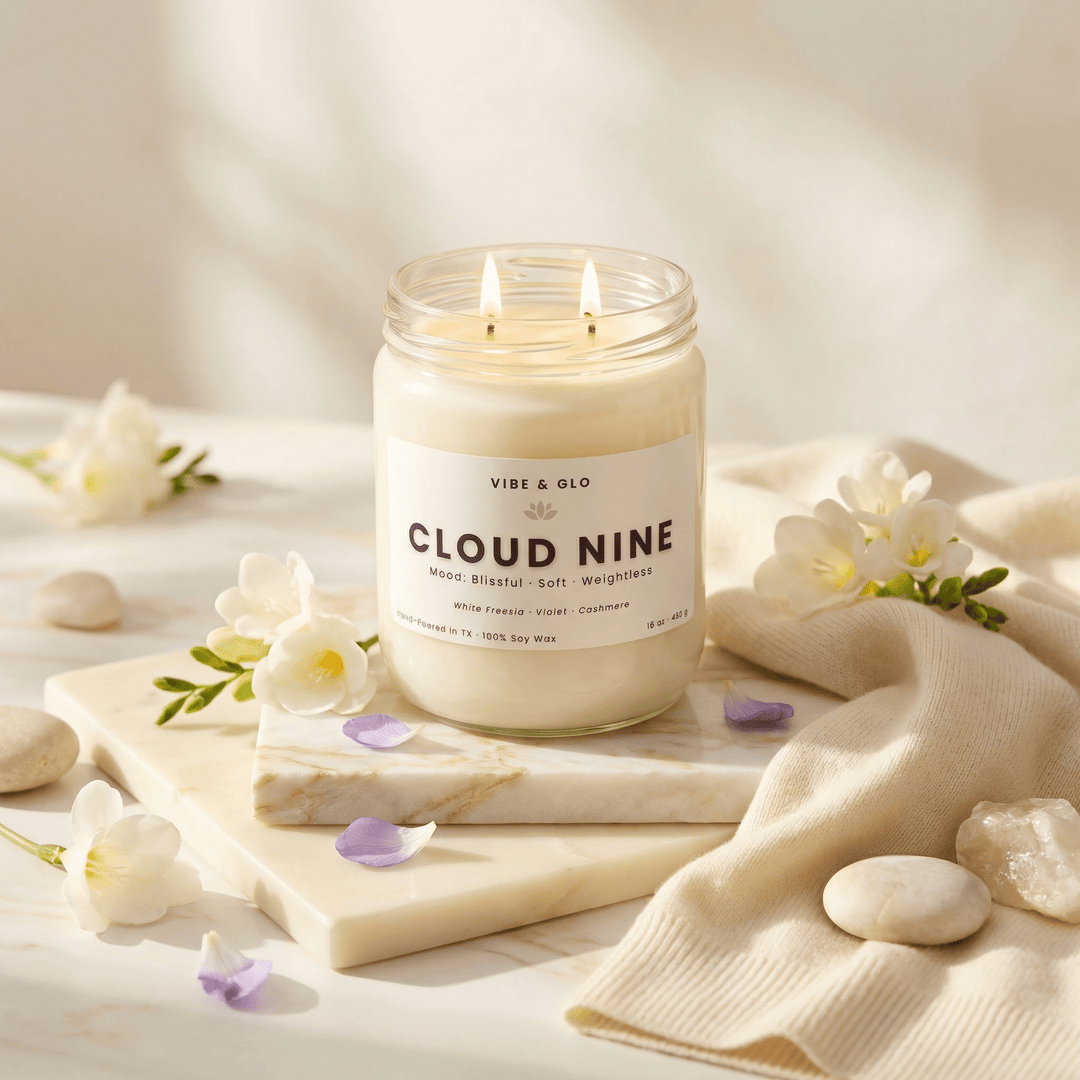 Cloud Nine – Double Wick White Freesia & Cashmere Soy Candle | 16 oz - Vibe & Glo Candle Studio