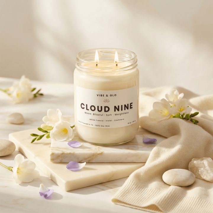 Cloud Nine – Double Wick White Freesia & Cashmere Soy Candle | 16 oz - Vibe & Glo Candle Studio