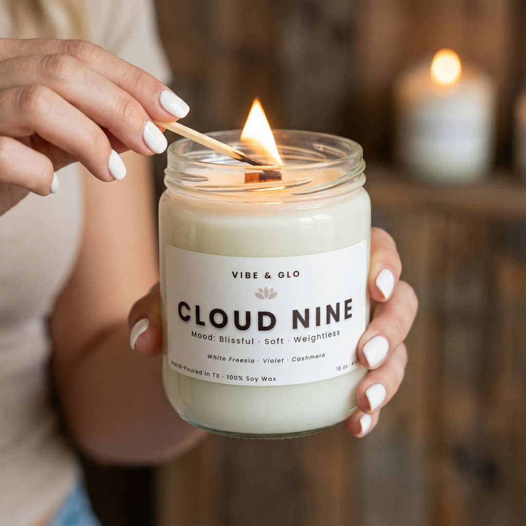 Cloud Nine soy candle by Vibe & Glo being lit with a wooden wick, creating a soft, blissful glow in a cozy home setting.