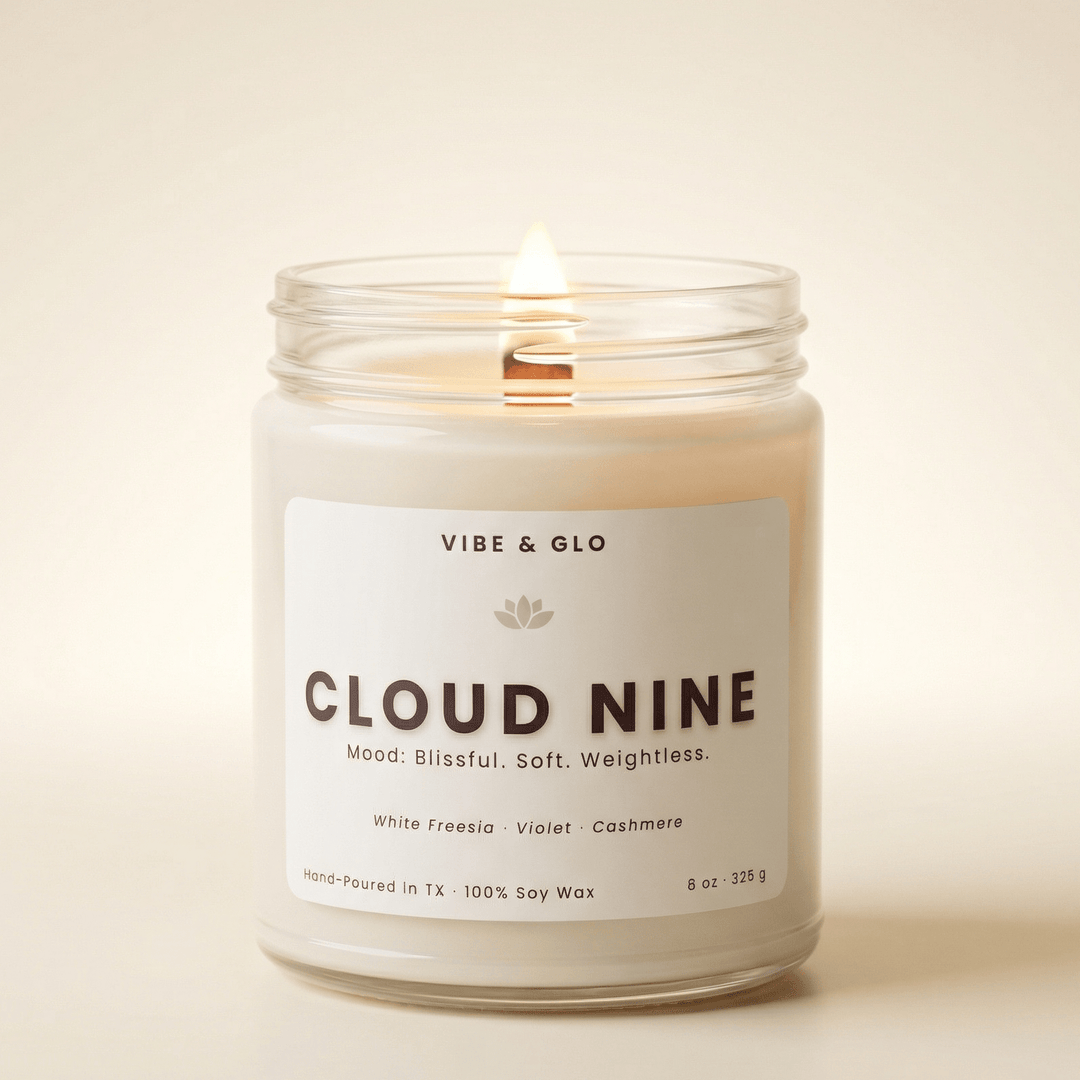Cloud Nine wooden wick soy candle by Vibe and Glo with white freesia violet cashmere soft blissful airy scent