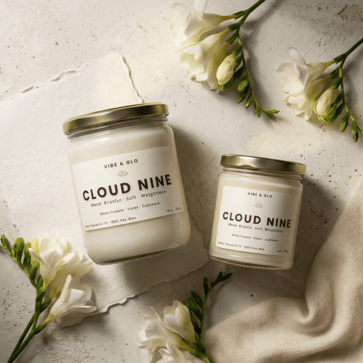 Cloud Nine wooden wick soy candle in 16 oz and 8 oz jars styled with white florals, featuring white freesia, violet, and cashmere notes.