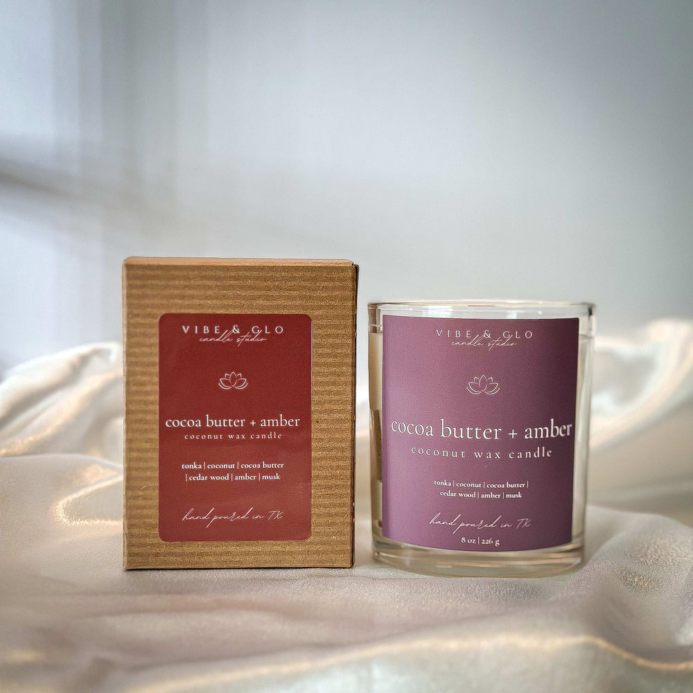 
                  
                    Cocoa Butter + Amber Coconut Soy Candle - Vibe & Glo Candle Studio
                  
                