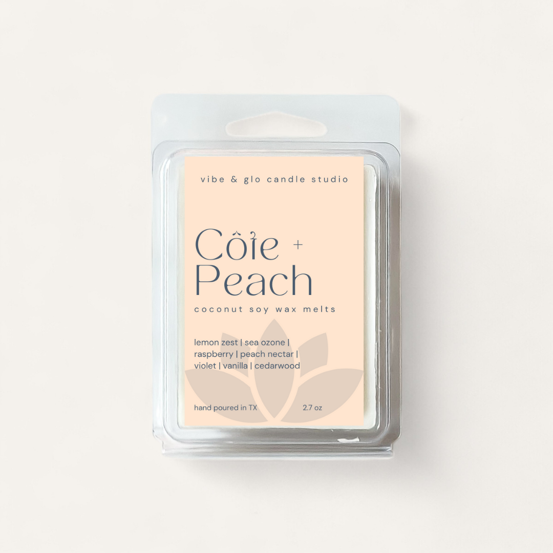 Côte + Peach Wax Melts packaging featuring lemon zest, raspberry, and peach nectar fragrance, hand poured in TX.