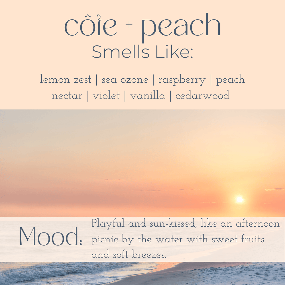 Côte + Peach candle sensory description with ocean sunset and fragrance notes of lemon zest, peach nectar, and vanilla.