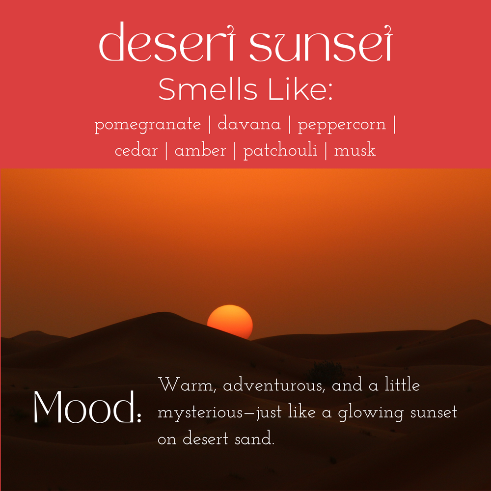 Desert Sunset candle scent notes and mood description with desert sunset photo.