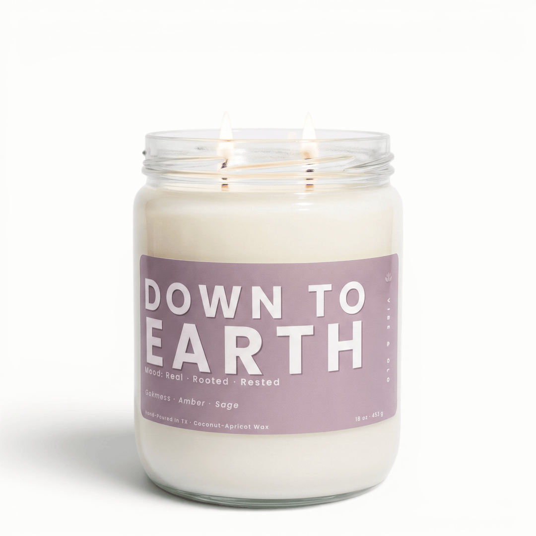 Down to Earth 2 wick candle with amber sage and oakmoss in glass jar, grounding coconut apricot wax candle for a calm cozy home