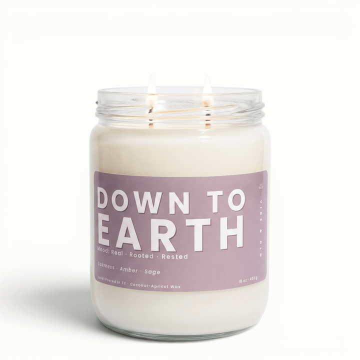 Down to Earth 2 wick candle with amber sage and oakmoss in glass jar, grounding coconut apricot wax candle for a calm cozy home
