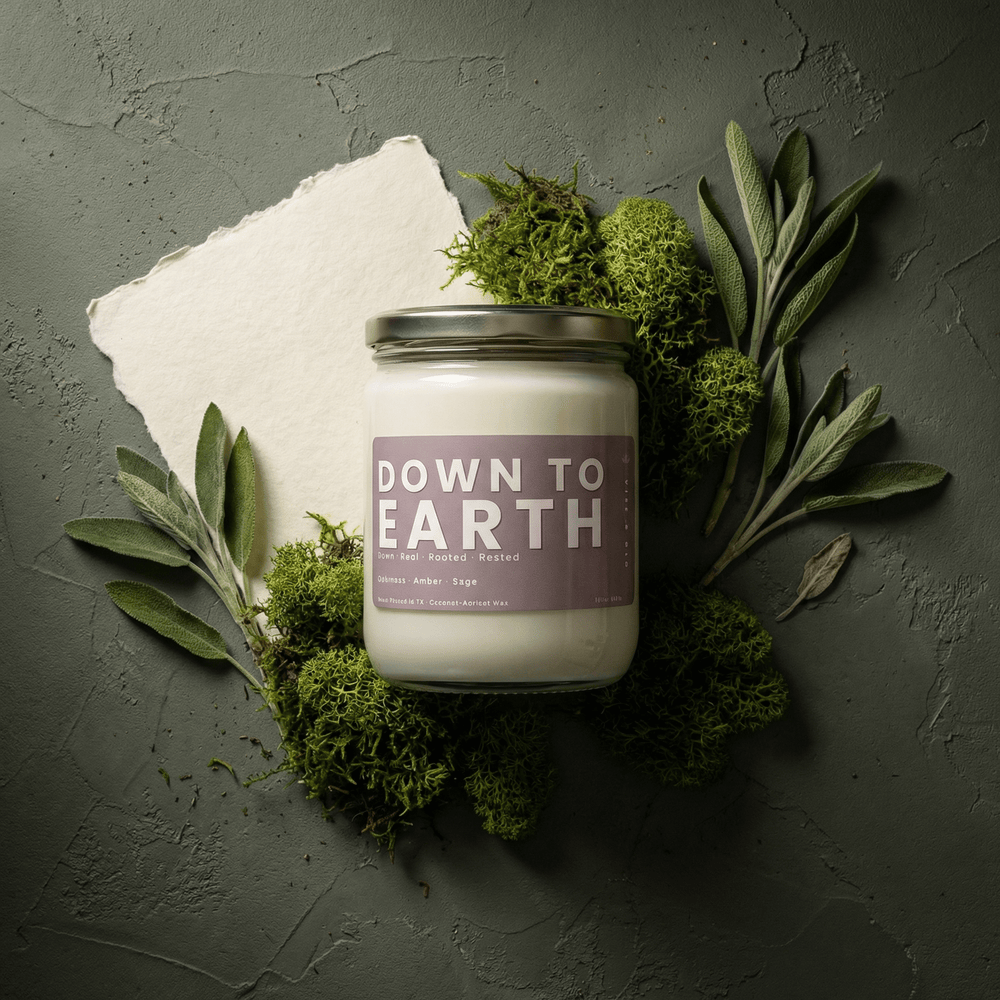 Down to Earth 2-wick candle flat lay with moss and sage leaves, representing a grounded earthy scent profile