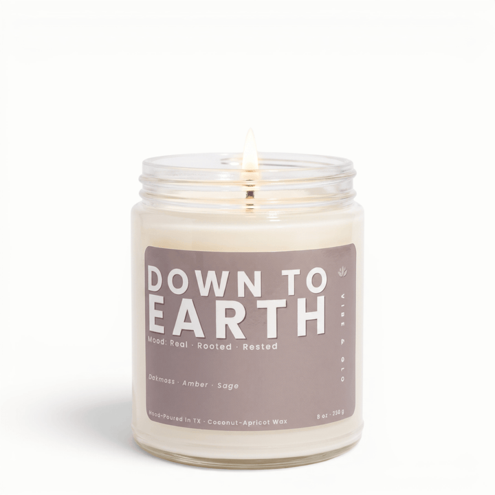 Down to Earth amber sage oakmoss candle in glass jar, grounding woody scented coconut apricot wax candle for a cozy home atmosphere