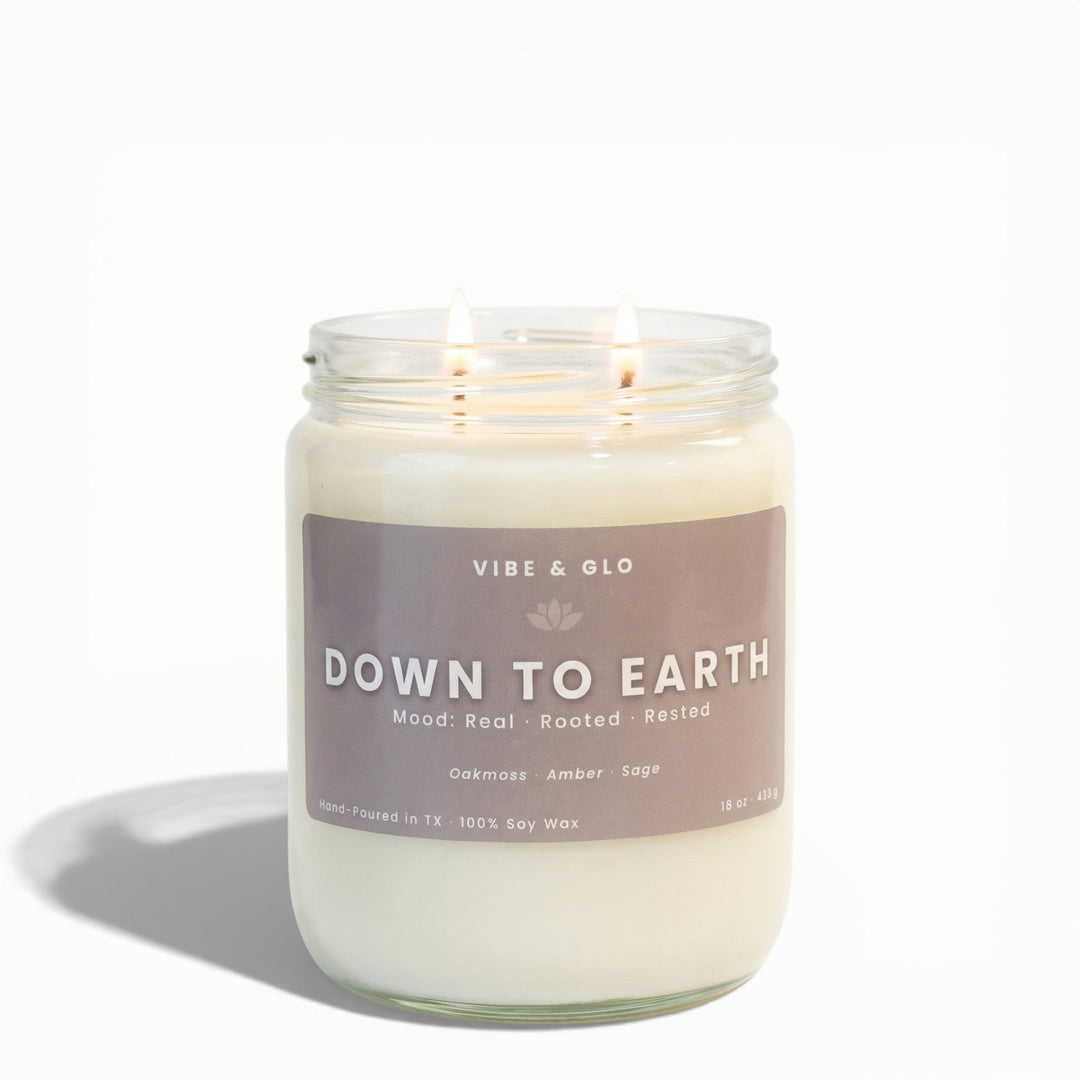 Down to Earth – Double Wick Oakmoss & Amber Soy Candle | 16 oz - Vibe & Glo Candle Studio