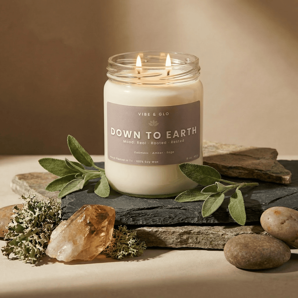 Down to Earth – Double Wick Oakmoss & Amber Soy Candle | 16 oz - Vibe & Glo Candle Studio