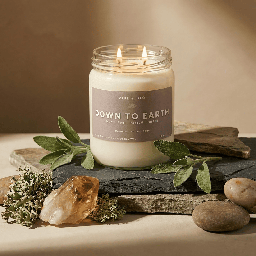 Down to Earth – Double Wick Oakmoss & Amber Soy Candle | 16 oz - Vibe & Glo Candle Studio