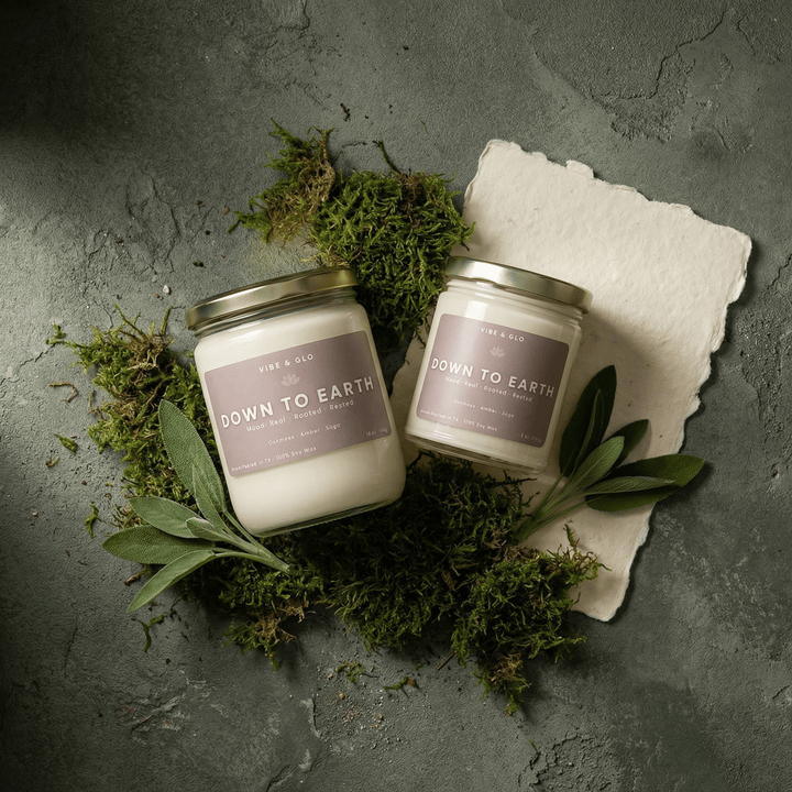 Down to Earth wooden wick soy candle in 16 oz and 8 oz jars styled with moss and sage, featuring oakmoss, amber, and sage notes.