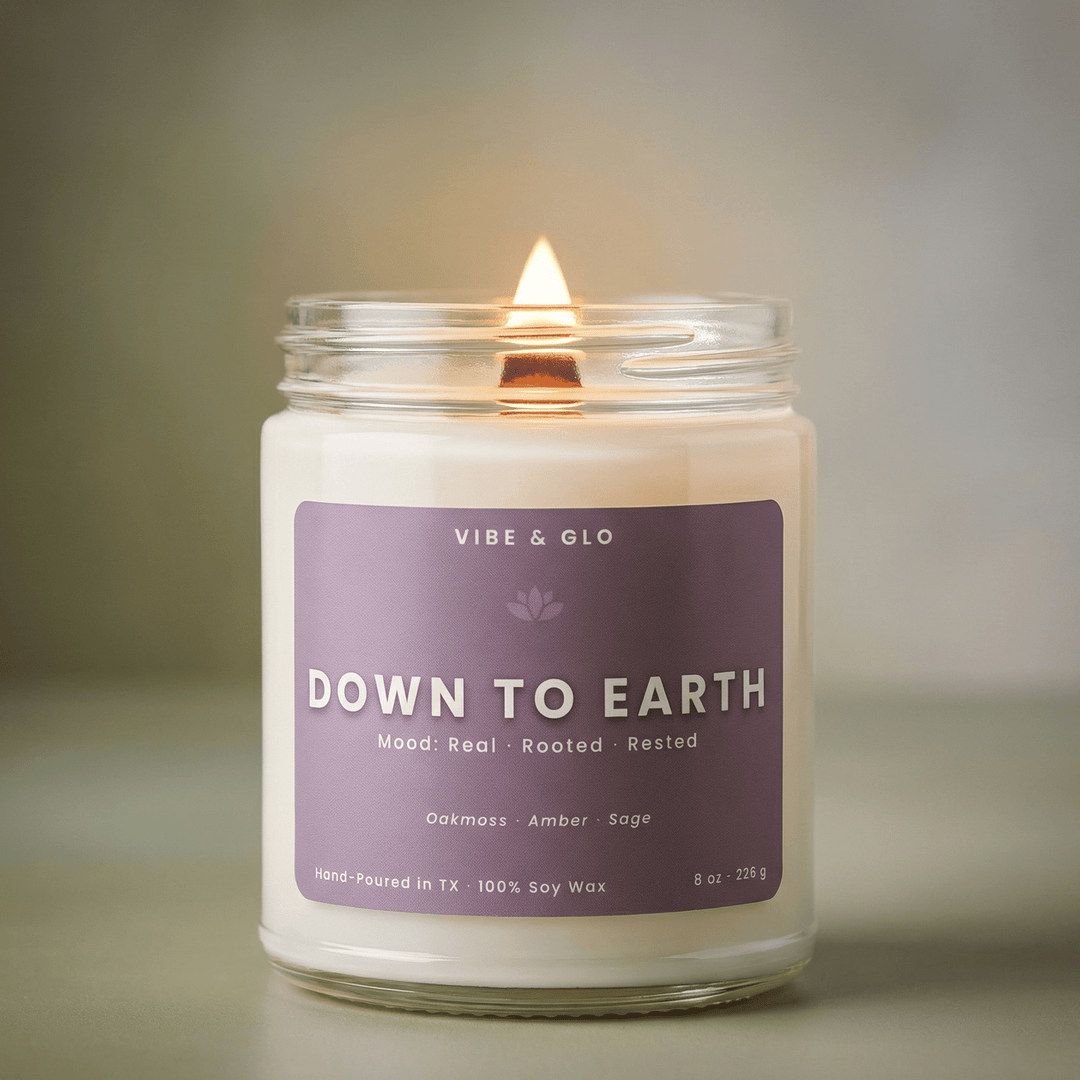Down to Earth wooden wick soy candle by Vibe and Glo with oakmoss amber sage earthy natural calming scent