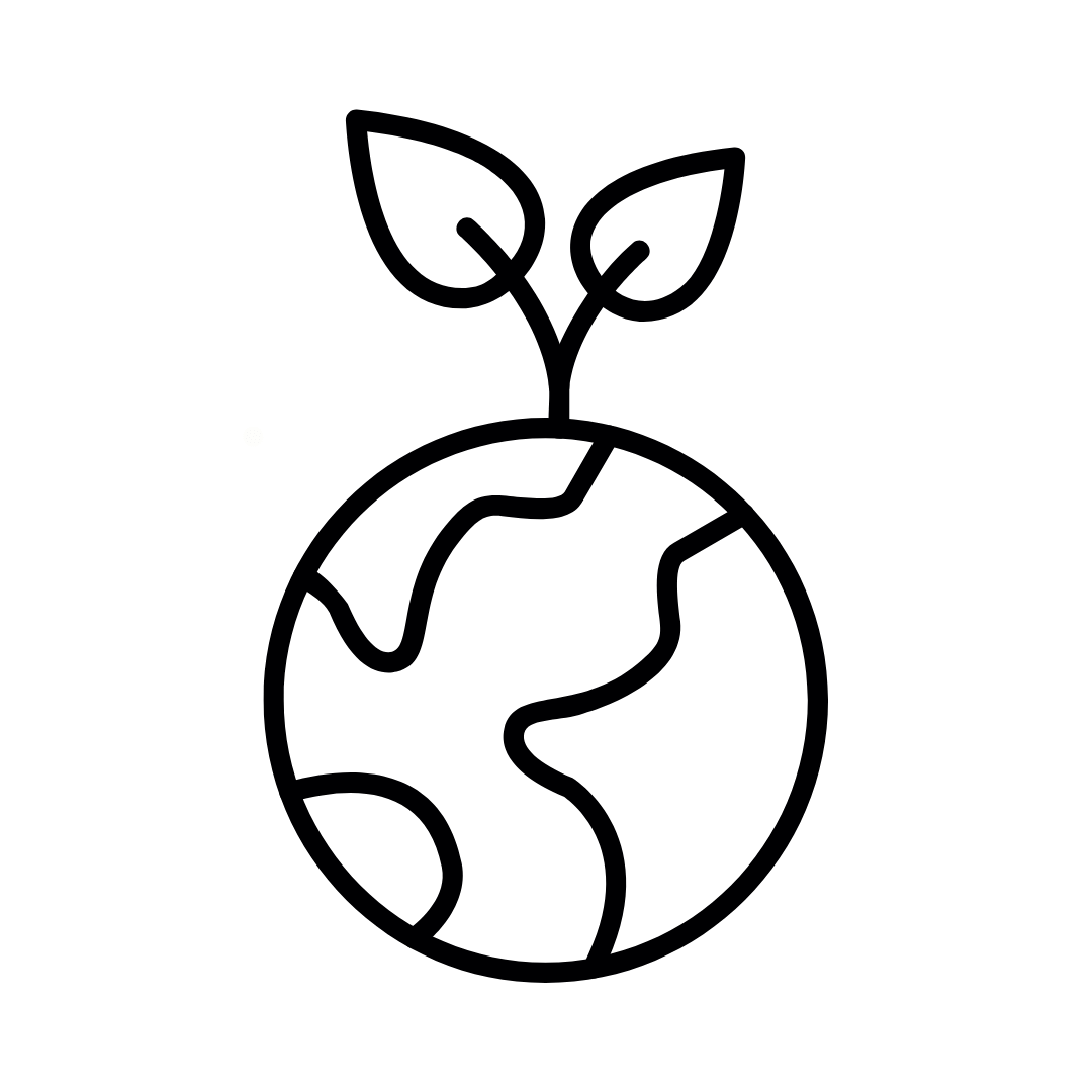 Simple black-outline icon of Earth with two leaves sprouting from the top, symbolizing sustainability and environmental care.